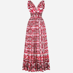 V Neck Positioning Printed Rubber High Waist Dress Bow Strap Dress