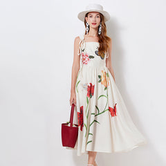 Niche Design Lace up Butterfly Flower Embroidered Print Sling Dress Slim fit High Waist Dress