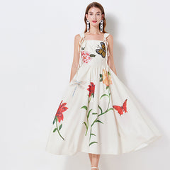Niche Design Lace up Butterfly Flower Embroidered Print Sling Dress Slim fit High Waist Dress