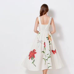Niche Design Lace up Butterfly Flower Embroidered Print Sling Dress Slim fit High Waist Dress