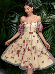 Kleid aus Mesh mit Schmetterlingsstickerei, schulterfrei, Cocktailkleid, Abendkleid