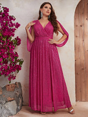 Vestido largo de noche ligero de lujo con escote en V y lentejuelas de color rojo rosa de talla grande para cóctel