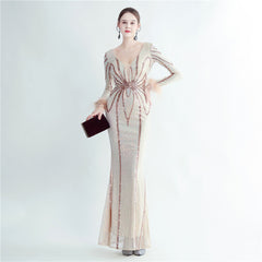 Positioning Floral Sequin Craft Ostrich Feather High End Long Sleeved Evening Dress