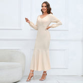 V Neck Long Sleeved Fishtail Dress Waist Slimming Slim Maxi Dress