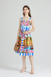 Elegant Show Palace Positioning Printed Sling Dress Slim fit High Waist A line Dress