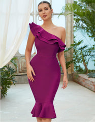 Dress Diagonal Collar Ruffled Cold Shoulder Bodycon