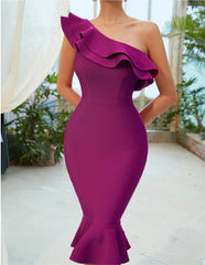 Dress Diagonal Collar Ruffled Cold Shoulder Bodycon