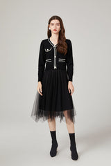 Vestido de malla con costuras de punto de color contrastante clásico estilo Chanel, vestido elegante que reduce la edad