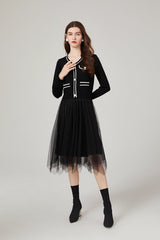 Vestido de malla con costuras de punto de color contrastante clásico estilo Chanel, vestido elegante que reduce la edad