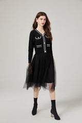 Vestido de malla con costuras de punto de color contrastante clásico estilo Chanel, vestido elegante que reduce la edad