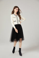 Vestido de malla con costuras de punto de color contrastante clásico estilo Chanel, vestido elegante que reduce la edad