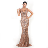 Evening Dress V-neck Sleeveless Sequined Geometric Abstract Vintage Backless Elegant Maxi Reflective Dress Formal Gown