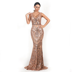 Abendkleid mit V-Ausschnitt, ärmellos, paillettenbesetzt, geometrisch-abstrakt, Vintage-Stil, rückenfrei, elegant, reflektierend, formelles Abendkleid