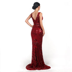 Abendkleid mit V-Ausschnitt, ärmellos, paillettenbesetzt, geometrisch-abstrakt, Vintage-Stil, rückenfrei, elegant, reflektierend, formelles Abendkleid