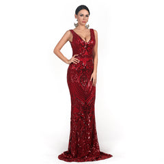 Abendkleid mit V-Ausschnitt, ärmellos, paillettenbesetzt, geometrisch-abstrakt, Vintage-Stil, rückenfrei, elegant, reflektierend, formelles Abendkleid
