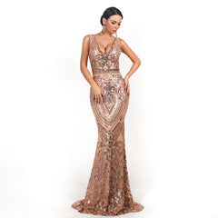 Abendkleid mit V-Ausschnitt, ärmellos, paillettenbesetzt, geometrisch-abstrakt, Vintage-Stil, rückenfrei, elegant, reflektierend, formelles Abendkleid