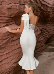 One Shoulder Bow Stitching Sequined Fishtail Dress Cocktail Party Elegant Evening Dress