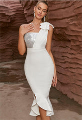 One Shoulder Bow Stitching Sequined Fishtail Dress Cocktail Party Elegant Evening Dress