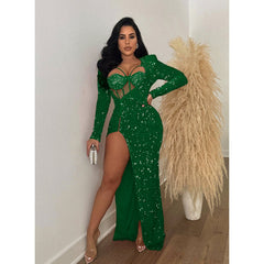 Wear Solid Color Sequ Slit Maxi Dress
