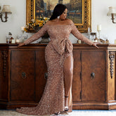 Plus Size Long Sequined off Neck Long Sleeve Cocktail Evening Dress Bridesmaid Dress