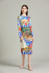 Vestido ajustado de cintura alta con cuello redondo y manga larga con estampado de rayas y paisaje