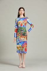 Vestido ajustado de cintura alta con cuello redondo y manga larga con estampado de rayas y paisaje