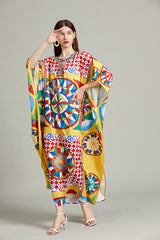 Vintage Positioning Printed Round Neck Split Long Sleeve Distinctive dress Loose Dress