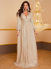 Paillettenbesetztes, langärmeliges, elegantes und schlichtes Cocktail- und Abendkleid mit V-Ausschnitt