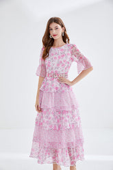 Vestido de seda de 5 capas con mangas de cuerno y estampado de pastel