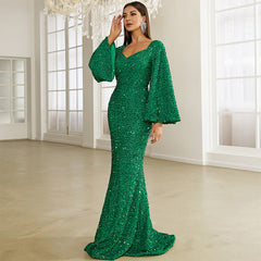 Elegantes Paillettenkleid, mittellang, figurschmeichelnd, einfarbig, V-Ausschnitt, Abendkleid