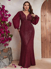 Plus Size Sequin Formal Dress Sequin Long Sleeve V neck Prom Party Dress Fishtail Dress