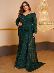 Plus Size Prom Party Dress Sequined off-Shoulder Long Sleeve Elegant Dress