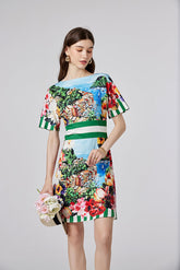 Arrival One line Collar Printed Short sleeved Tight Waist dress High Waist Slim fit Dress