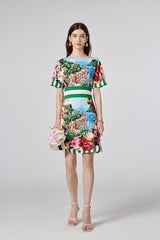 Arrival One line Collar Printed Short sleeved Tight Waist dress High Waist Slim fit Dress