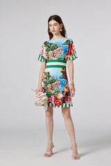 Arrival One line Collar Printed Short sleeved Tight Waist dress High Waist Slim fit Dress