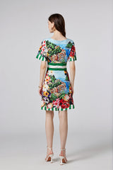 Arrival One line Collar Printed Short sleeved Tight Waist dress High Waist Slim fit Dress