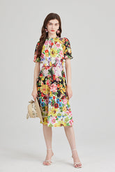 Printed Contrast Lotus Leaf High Neck Rubber Strung High Waist Dress Slim Fit Short Sleeved Dress