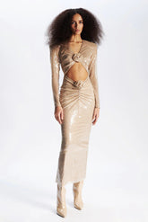 Apricot Long Sleeve Three Dimensional Floral Beaded Dress