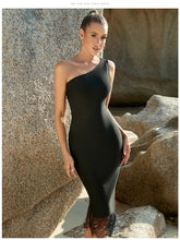 Bandage One Piece Dress Lace Trim Ladies Sleeveless One Shoulder Elegant Evening Dress Bandage Dress