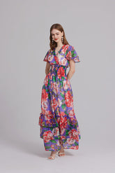V Neck Ruffled Short Sleeve Stretch High Waisted Princess Style Print Long Dress