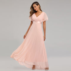 Hand-Folded Large V-neck Dress Chiffon Elastic Banquet Bridesmaid Evening Dress for