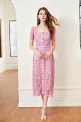 Solid Color Lace Button Dress