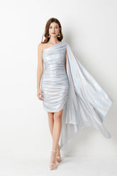 Slant Shoulder Asymmetrical Design Pleated Slim Fit Hip Silver Dress