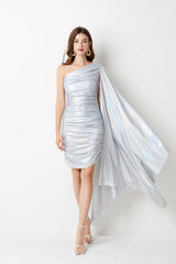Slant Shoulder Asymmetrical Design Pleated Slim Fit Hip Silver Dress