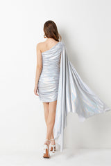 Slant Shoulder Asymmetrical Design Pleated Slim Fit Hip Silver Dress