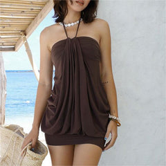 Vestido de talle alto con top de tubo y cuello halter de color liso