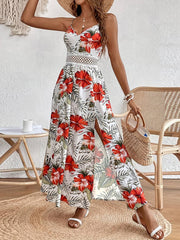 Vestido bohemio de gasa con encaje estampado y tirantes de longitud explosiva