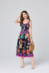 Positioning Vintage Printed Three Dimensional Strapless Strap Dress Back Rubber Strap High Waist Dress