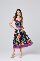Positioning Vintage Printed Three Dimensional Strapless Strap Dress Back Rubber Strap High Waist Dress