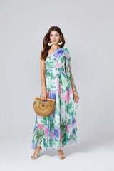 One Shoulder Oblique Strap Printed High Waist Dress Rubber Tight Waist Dress